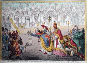 Uvedení papeže do konvokace v Oxfordu od kardinála Broad-Bottoma, vydané Hannah Humphreyovou v roce 1809 (ručně kolorovaný lept) od James Gillray