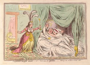 Detekován Jersey Smuggler, aneb Dobrý důvod pro Separaci, Manželské sliby jsou falešné jako Dicerovy přísahy, hospoda. 1796 (ručně kolorovaná rytina) od James Gillray