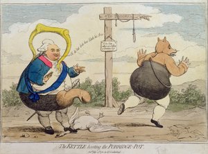 The Kettle Hooting the Porridge-Pot, publikoval P.J. Leatherhead v roce 1782 (ručně kolorovaný lept)