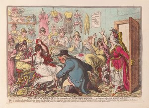 Muž citu při hledání nepostradatelných; scéna u malých francouzských Milliners, hospoda. 1800 (ručně kolorovaná rytina)