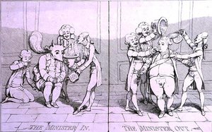 The Minister In - The Minister Out, publikoval William Humphrey v roce 1782 (lept) od James Gillray