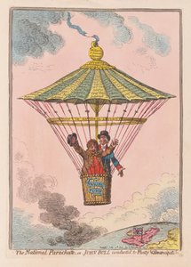 The National Parachute aneb John Bull dirigoval do Plenty and Emancipation, pub. 1802 (ručně kolorovaná rytina)