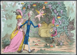 Svatební altánek se zlým vykukujícím kouzly Edenu, vydaný Hannah Humphrey v roce 1797 (ručně kolorovaný lept)