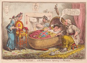 Školka; s Britannia odpočívající v Peace, hospoda. 1802 (ručně kolorovaná rytina)