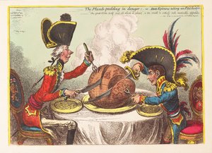 Švestkový pudink v ohrožení nebo State Epicures s Petit Souper, hospoda. 1805 (ručně kolorovaná rytina)