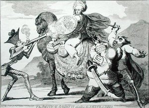The Political Banditti Assailing the Saviour of India, publikoval W. Holland v roce 1786 (lept) od James Gillray