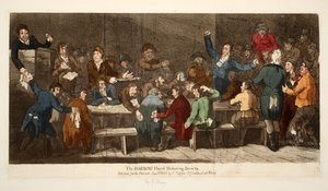 The ROBBING Hood Debating Society, hospoda S. Tipper, 1. ledna 1809 (ručně kolorovaná rytina) od James Gillray
