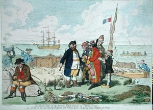 Skutečná příčina současných vysokých cen potravin, vydala Hannah Humphrey v roce 1795 (ručně kolorovaný lept) od James Gillray