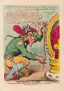 Práva člověka aneb Tomm Paine, Malý Američan Taylor bere na milost korunu za nový pár revolučních kalhot, vyd. 1791 (ručně kolorovaná rytina)