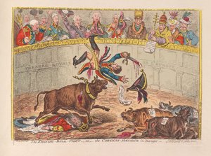 Španělský býčí zápas aneb korsický matador v nebezpečí, vyd. 1805 (ručně kolorovaná rytina)