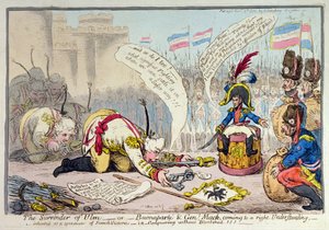 Kapitulace Ulmu aneb Buonaparte a generál Mack přicházející ke správnému porozumění, publikovala Hannah Humphrey v roce 1805 (ručně kolorovaný lept)