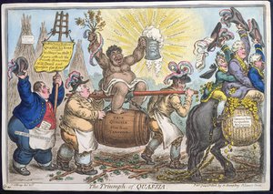Triumph of Quassia, publikoval Hannah Humphrey v roce 1806 (ručně kolorovaný lept)