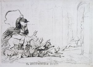 Westminsterský lov, vydaný v roce 1788 (ručně kolorovaný lept) od James Gillray
