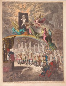 Titianus Redivivus aneb Sedm mudrců konzultujících nový Venetian Oracle, scéna v Academic Grove No.1, pub. 1797 (ručně kolorovaná rytina)
