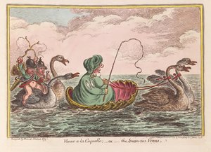 Venuše a la Coquelle; nebo Labutí moře Venuše, hospoda. 1809 (ručně kolorovaná rytina) od James Gillray