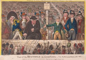 Pohled na Hustings v Covent Garden - Westminsterské volby listopad 1806, hospoda. 1806 (ručně kolorovaná rytina)