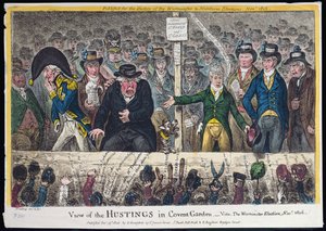 Pohled na Hustings v Covent Garden, publikovala Hannah Humphrey v roce 1806 (ručně kolorovaný lept s akvatintou)