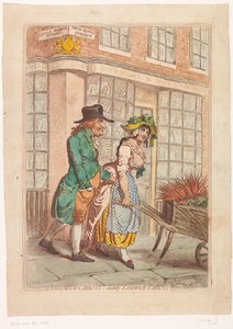 Žena s trakařem s kořeny před výlohou knihkupce Roberta Fauldera v Londýně Sendvičová mrkev! lahodný sendvič-mrkev (název na objektu) od James Gillray