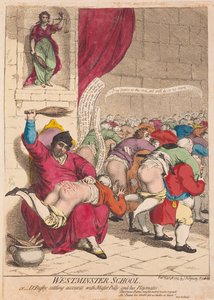Westminsterská škola nebo Dr Busby vyřizování účtů s mistrem Billym a jeho spoluhráči, hospoda. 1785 (ručně kolorovaná rytina)