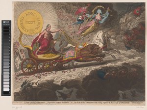 William Pitt verdrijft de duistere krachten, 1795 Světlo vypuzující temnotu, - vypařování stygských výdechů,-nebo- Slunce ústavy, vycházející nad oblaka opozice (název na předmětu) od James Gillray