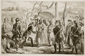 Setkání lorda Cliva s Meerem Jaffierem po bitvě u Plassey, vyryto Thomasem Williamsem