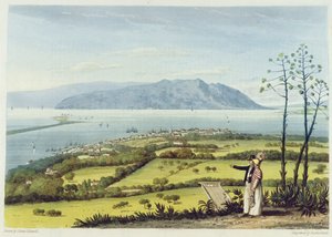 Kingston a Port Royal z Windsor Farm, z knihy "A Pictureseque Tour of the Island of Jamaica", vyryl Thomas Sutherland, 1825