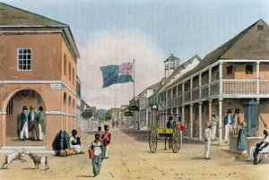 Pohled na Harbour Street, Kingston, Jamajka, z „A malebná prohlídka ostrova Jamajka“, vyryl Thomas Sutherland