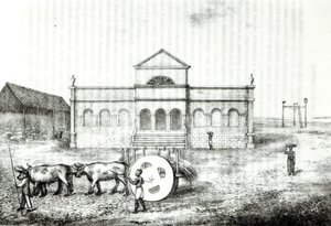 Burza Rio, veřejná hrazda, vůz na trávu a šibenice, ilustrace z „Dějiny Brazílie“ od Jamese Hendersona, vydané v Londýně v roce 1821 od James Henderson