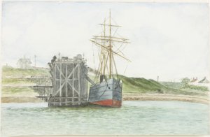 Albert Edward Docks. The S.S. Willkarnman (akvarel, tělová barva a tužka na papíře)