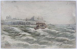 Stranding of the Belly of Littlehampton a Loss of the Life Boat Crew of the Tyne (akvarel, barva těla a škrábání na papíře) od James Henry Cleet