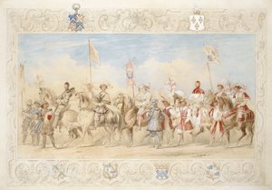 Walter Little Gilmour Esq., The Black Knight and Hon. Edward Stafford Jerningham, Knight of the Swan, 1839 (tužka, kvaš a wc na papíře) od James Henry Nixon