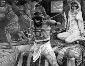 Samson si přetrhne provazy od J James Tissot - Bible