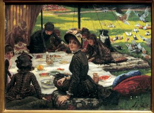 Snídaně na trávě Rodinná pikniková scéna. Obraz od Jacquese Josepha (Jacques-Joseph) Tissot dit James Tissot (1836-1902) od James Jacques Joseph Tissot