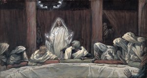 Zjevil se jedenácti, když seděli u masa, ilustrace z The Life of Christ, c.1884-96 (wc & kvaš na kartonu) od James Jacques Joseph Tissot