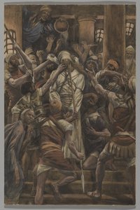 Týrání v domě Kaifáše, ilustrace ze Života našeho Pána Ježíše Krista, 1886-94 (wc přes grafit na papíře) od James Jacques Joseph Tissot