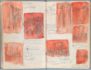 Stránky z alba Sketches for The Life of Our Lord Jesus Christ, pozdní 80. léta 19. století (grafit a praní na papíře) od James Jacques Joseph Tissot