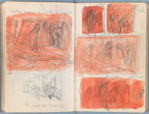 Stránky z alba Sketches for The Life of Our Lord Jesus Christ, pozdní 80. léta 19. století (grafit a praní na papíře) od James Jacques Joseph Tissot