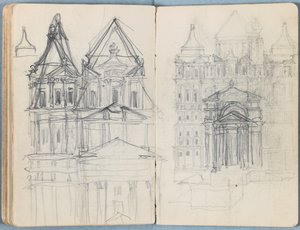 Stránky z alba Sketches for The Life of Our Lord Jesus Christ, pozdní 80. léta 19. století (grafit a praní na papíře) od James Jacques Joseph Tissot