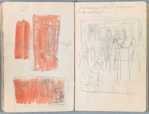 Stránky z alba Sketches for The Life of Our Lord Jesus Christ, pozdní 80. léta 19. století (grafit a praní na papíře) od James Jacques Joseph Tissot