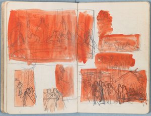 Stránky z alba Sketches for The Life of Our Lord Jesus Christ, pozdní 80. léta 19. století (grafit a praní na papíře) od James Jacques Joseph Tissot