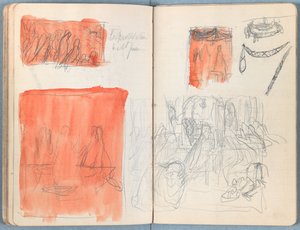Stránky z alba Sketches for The Life of Our Lord Jesus Christ, pozdní 80. léta 19. století (grafit a praní na papíře) od James Jacques Joseph Tissot