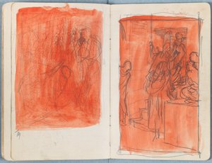 Stránky z alba Sketches for The Life of Our Lord Jesus Christ, pozdní 80. léta 19. století (grafit a praní na papíře) od James Jacques Joseph Tissot