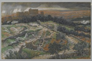 Rekonstrukce Golgoty a Božího hrobu, pohled od Soudní brány, ilustrace ze Života našeho Pána Ježíše Krista (wc přes grafit na papíře) od James Jacques Joseph Tissot