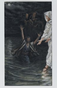 Svatý Petr chodí po moři, ilustrace ze Života našeho Pána Ježíše Krista (wc přes grafit na papíře) od James Jacques Joseph Tissot