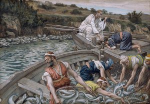 The First Miraculous Draft of Fish, ilustrace pro The Life of Christ, c.1886-94 (wc & kvaš na kartonu) od James Jacques Joseph Tissot