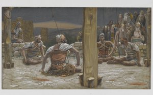 Čtyři strážci se posadili a sledovali ho, ilustrace ze Života našeho Pána Ježíše Krista, 1886-94 (wc přes grafit na papíře) od James Jacques Joseph Tissot