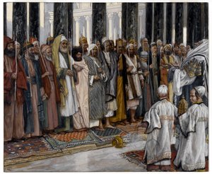 Zkoušení nápadníků Panny Marie, ilustrace pro Život Krista, cca 1886-94 (neprůhledné wc přes grafit na šedém tkaném papíře) od James Jacques Joseph Tissot