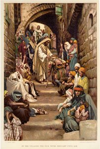 Ve vesnicích mu byli přinášeni nemocní - Bible od James Jacques Joseph after Tissot