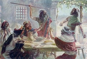 Saul vrhá oštěp na Jonathana - Bible od James Jacques Joseph after Tissot