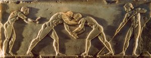 Starověcí řečtí atleti vyobrazení na reliéfu z 6. století př. n. l. Národní archeol... od James L Stanfield